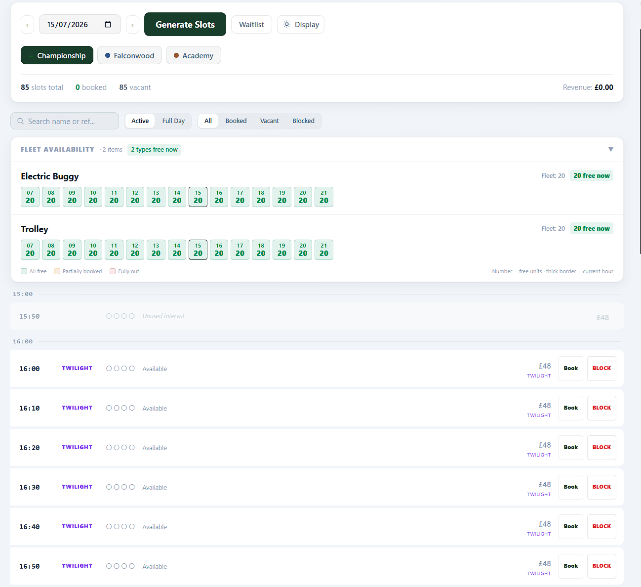 The Munya Tee Sheet & Booking screen