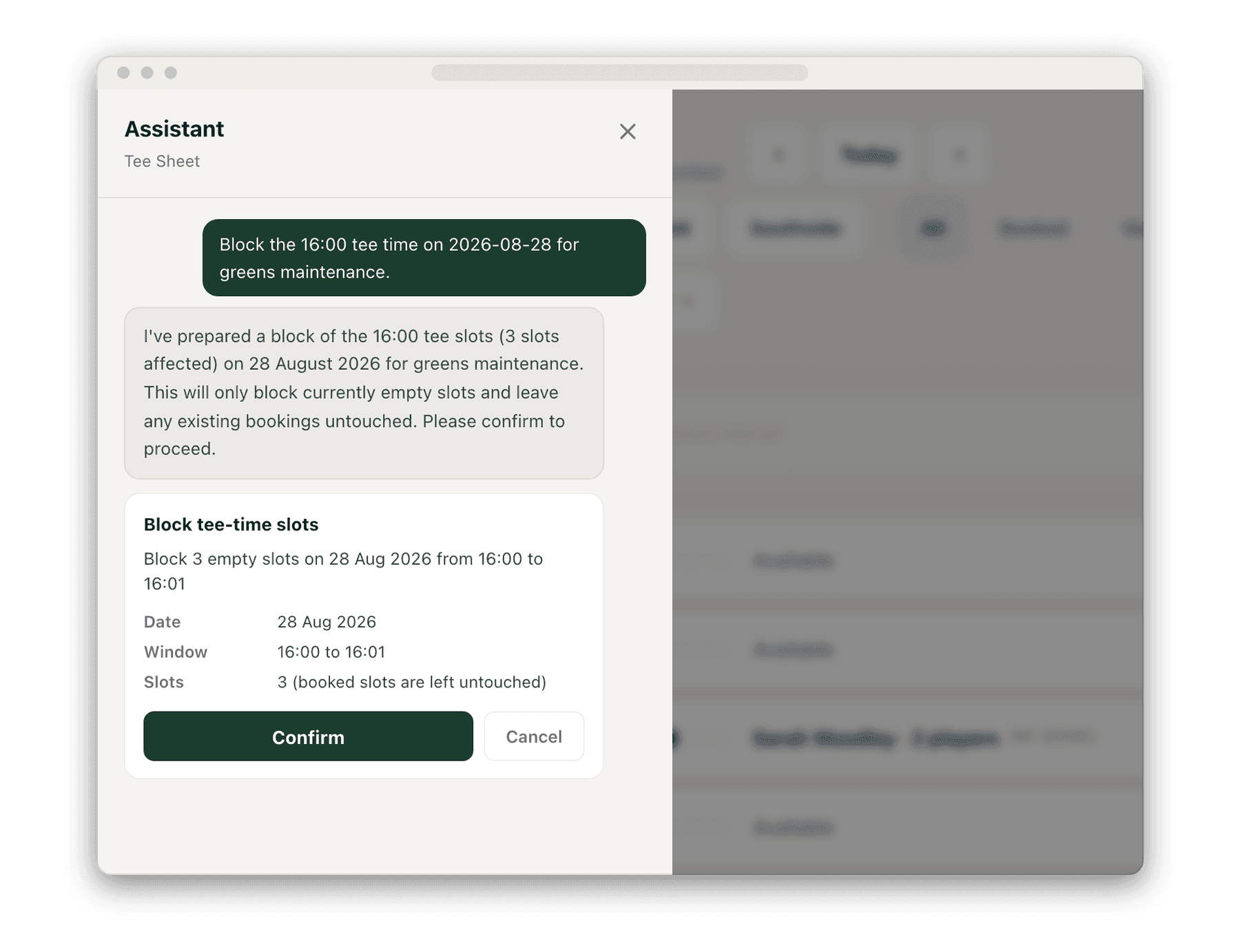 The Munya assistant showing a prepared tee-sheet change with Confirm and Cancel, captured from a live club