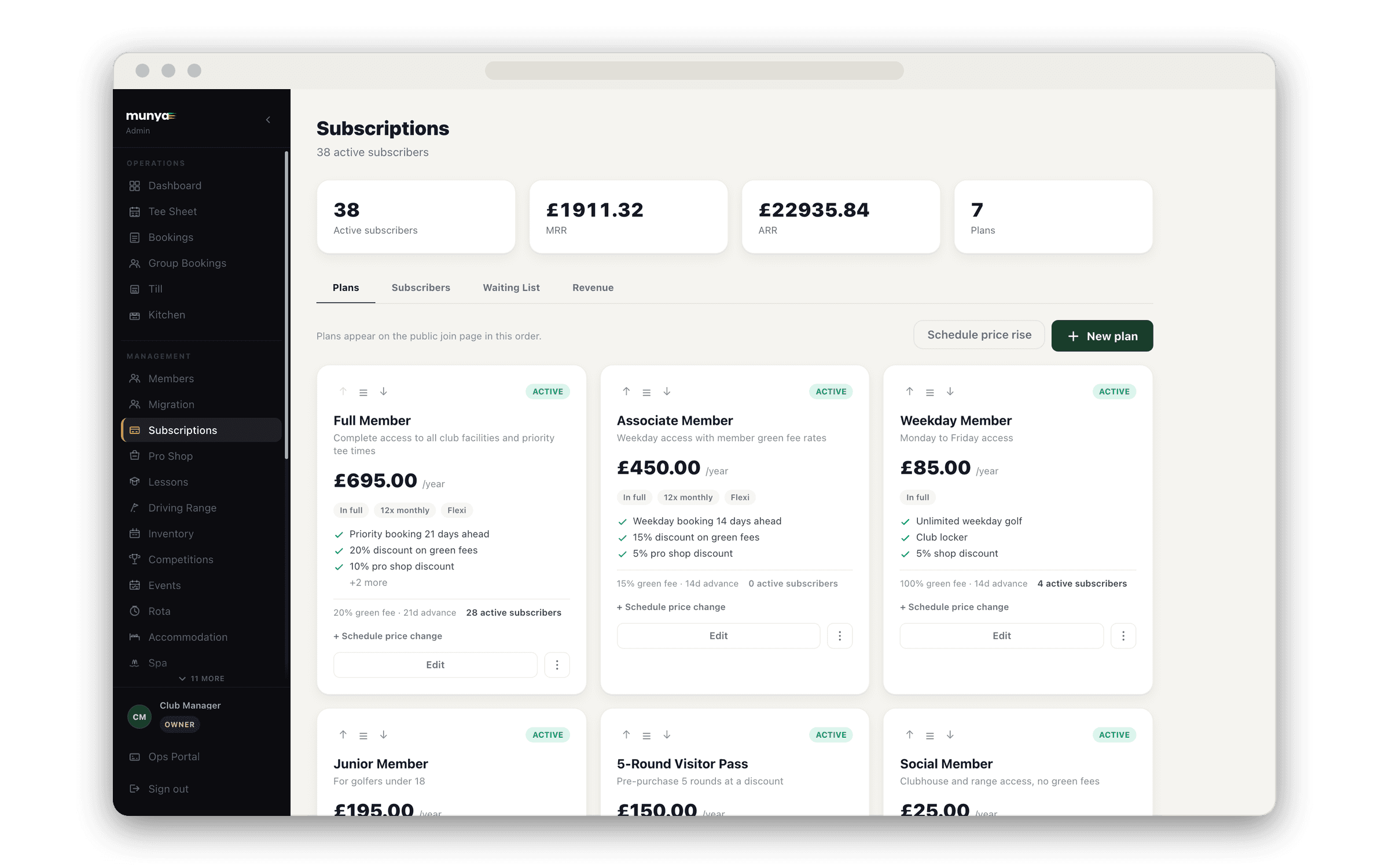 The Munya Membership & CRM screen