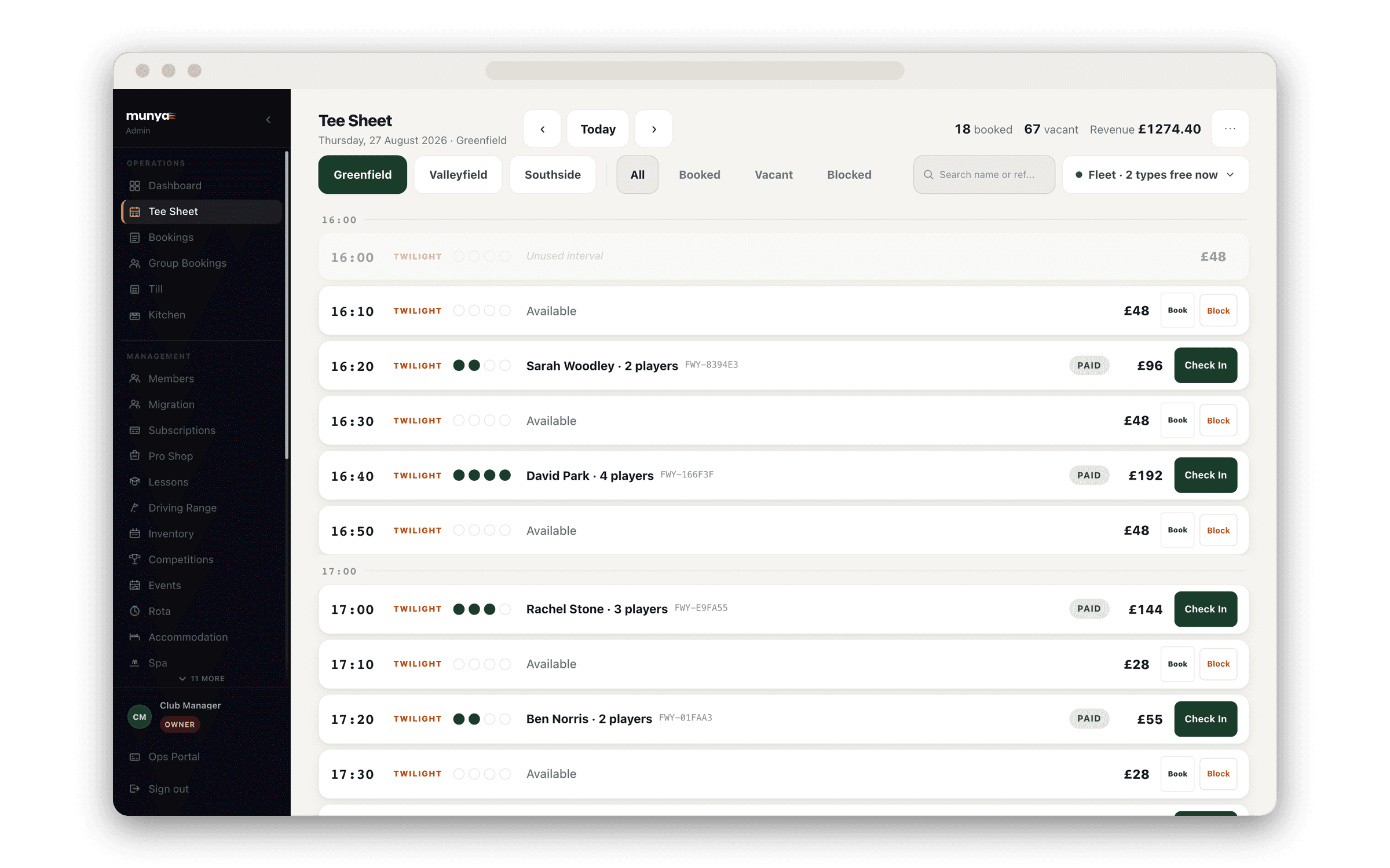 The Munya Tee Sheet & Booking screen